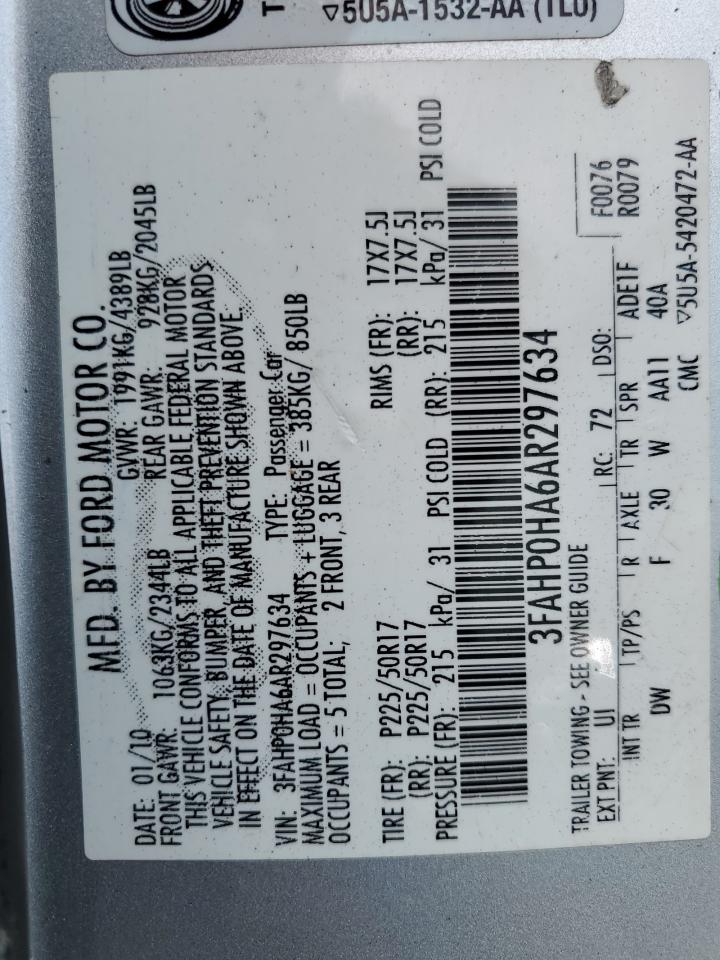 2010 Ford Fusion Se VIN: 3FAHP0HA6AR297634 Lot: 85698125