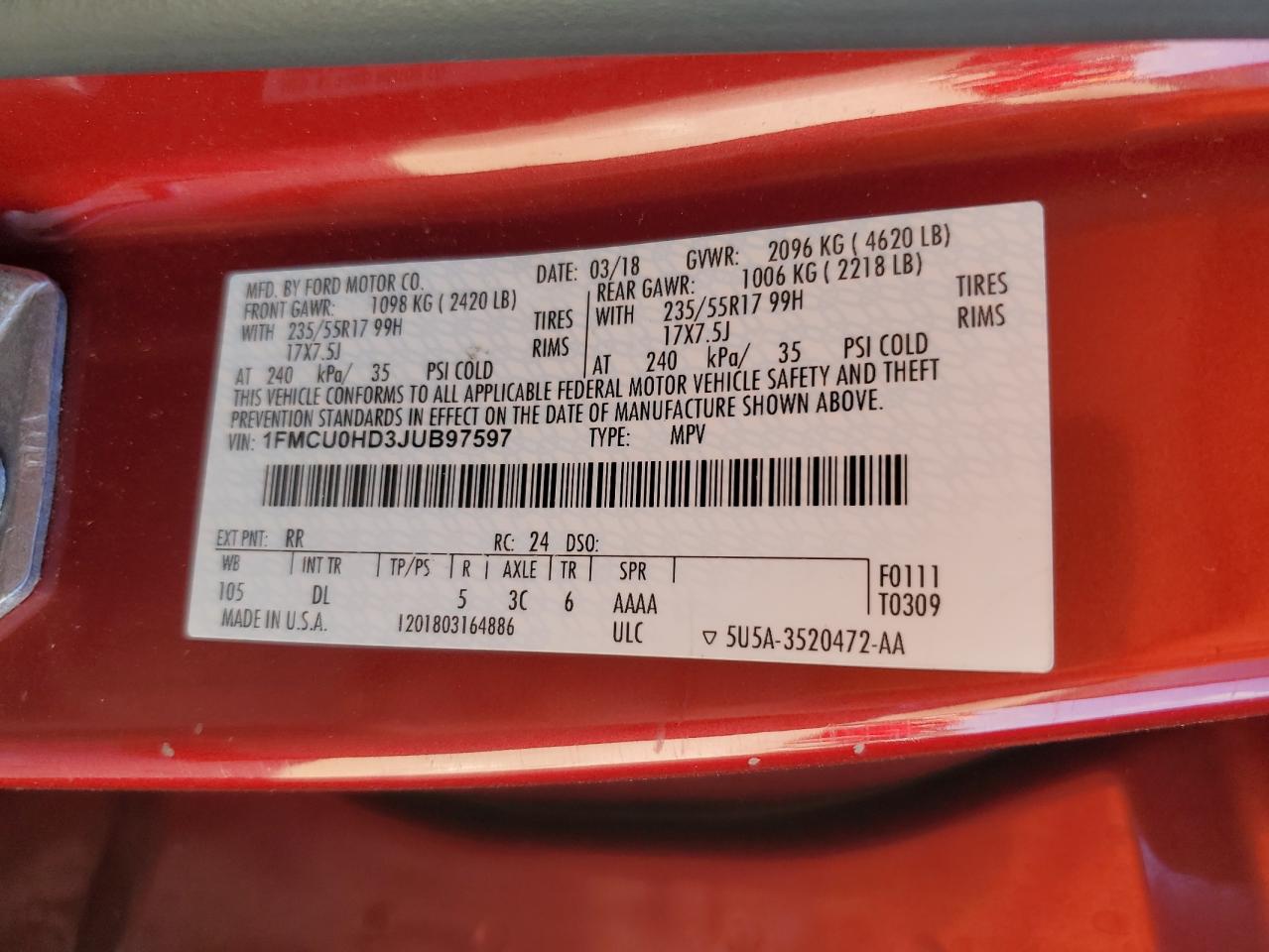 2018 Ford Escape Sel VIN: 1FMCU0HD3JUB97597 Lot: 87246065