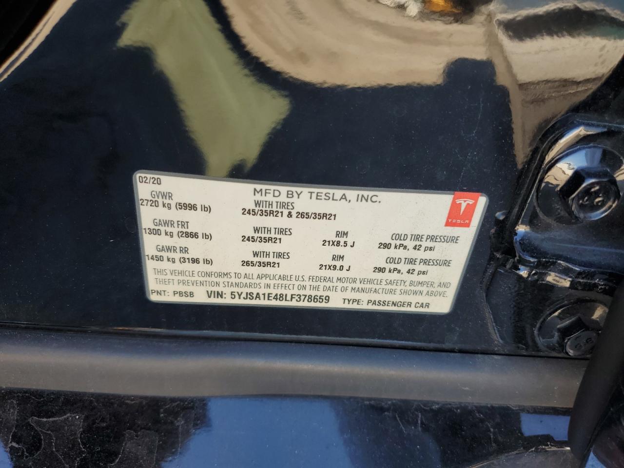 2020 Tesla Model S VIN: 5YJSA1E48LF378659 Lot: 87083585