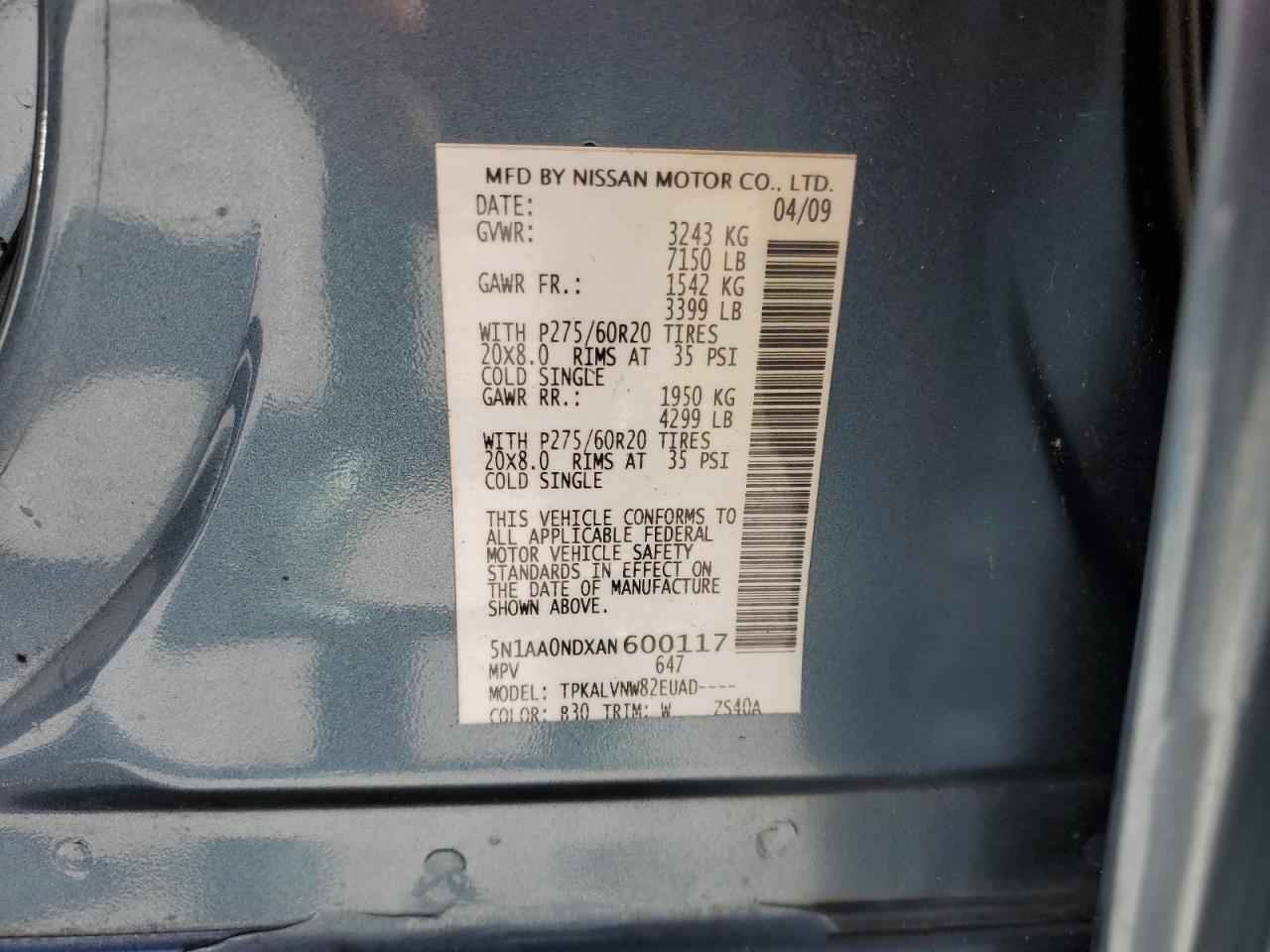 2010 Nissan Armada Se VIN: 5N1AA0NDXAN600117 Lot: 86611295