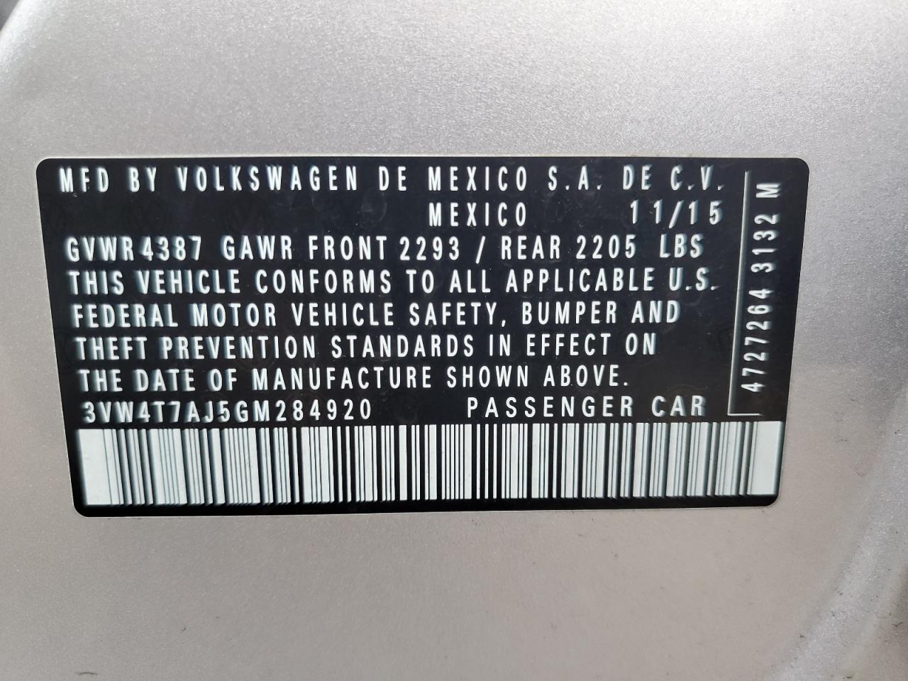 2016 Volkswagen Jetta Gli VIN: 3VW4T7AJ5GM284920 Lot: 89627415