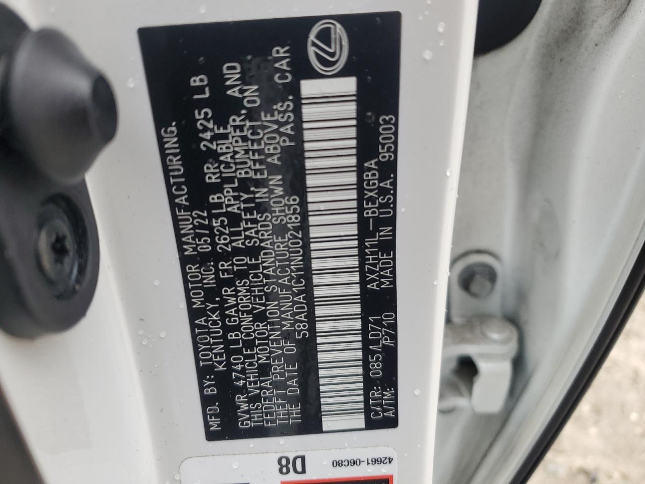 2022 Lexus Es 300H Base VIN: 58ADA1C11NU021856 Lot: 82415825