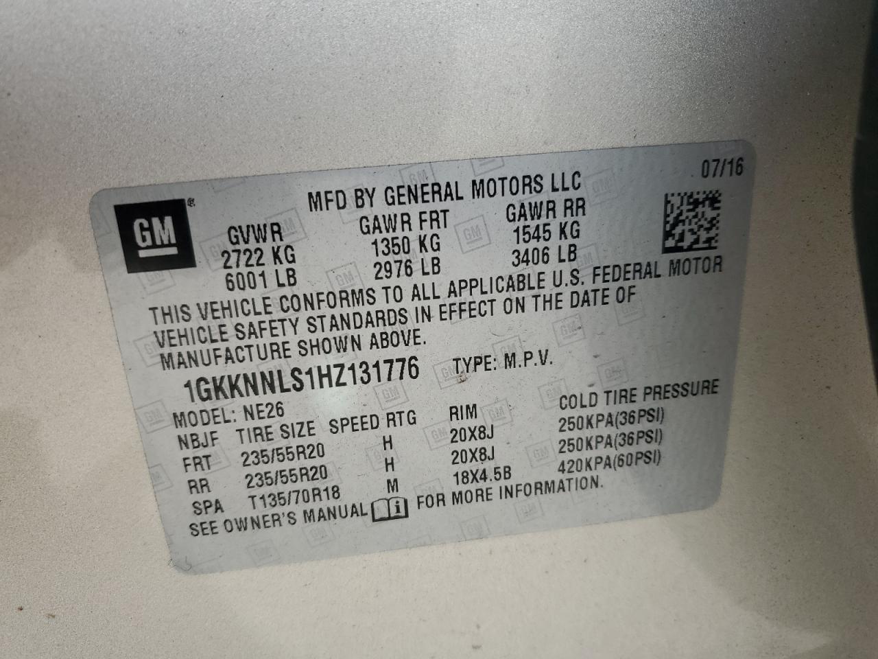 2017 GMC Acadia Slt-2 VIN: 1GKKNNLS1HZ131776 Lot: 82233195