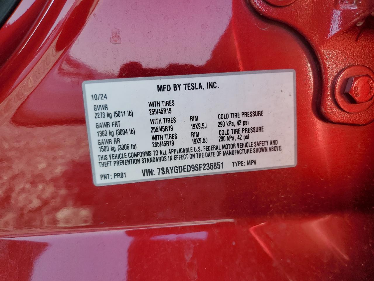 2025 Tesla Model Y VIN: 7SAYGDED9SF236851 Lot: 87475995