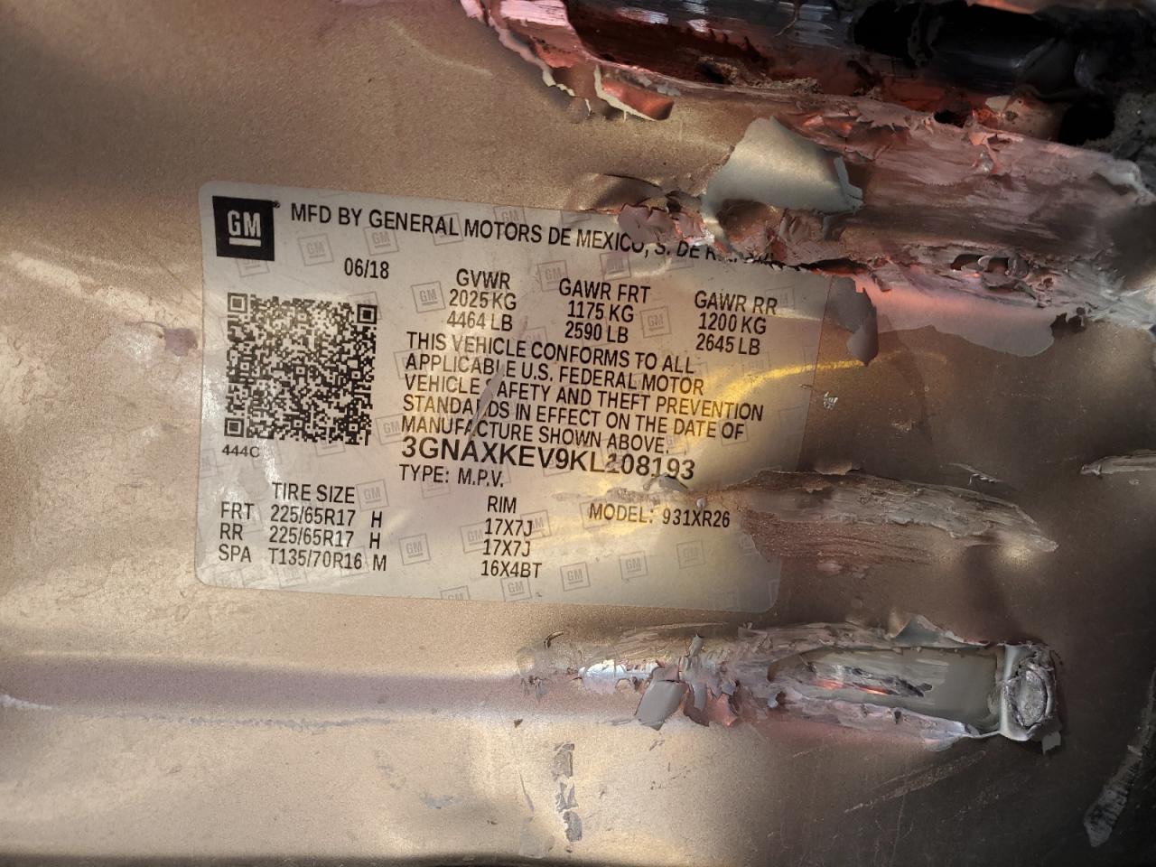 2019 Chevrolet Equinox Lt VIN: 3GNAXKEV9KL108193 Lot: 86333675