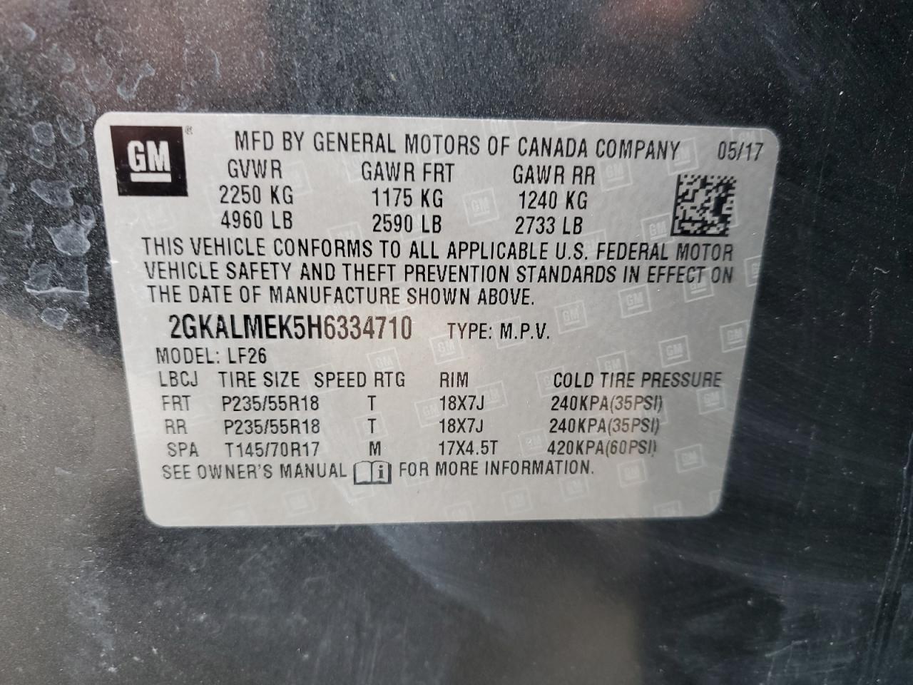 2017 GMC Terrain Sle VIN: 2GKALMEK5H6334710 Lot: 86682635