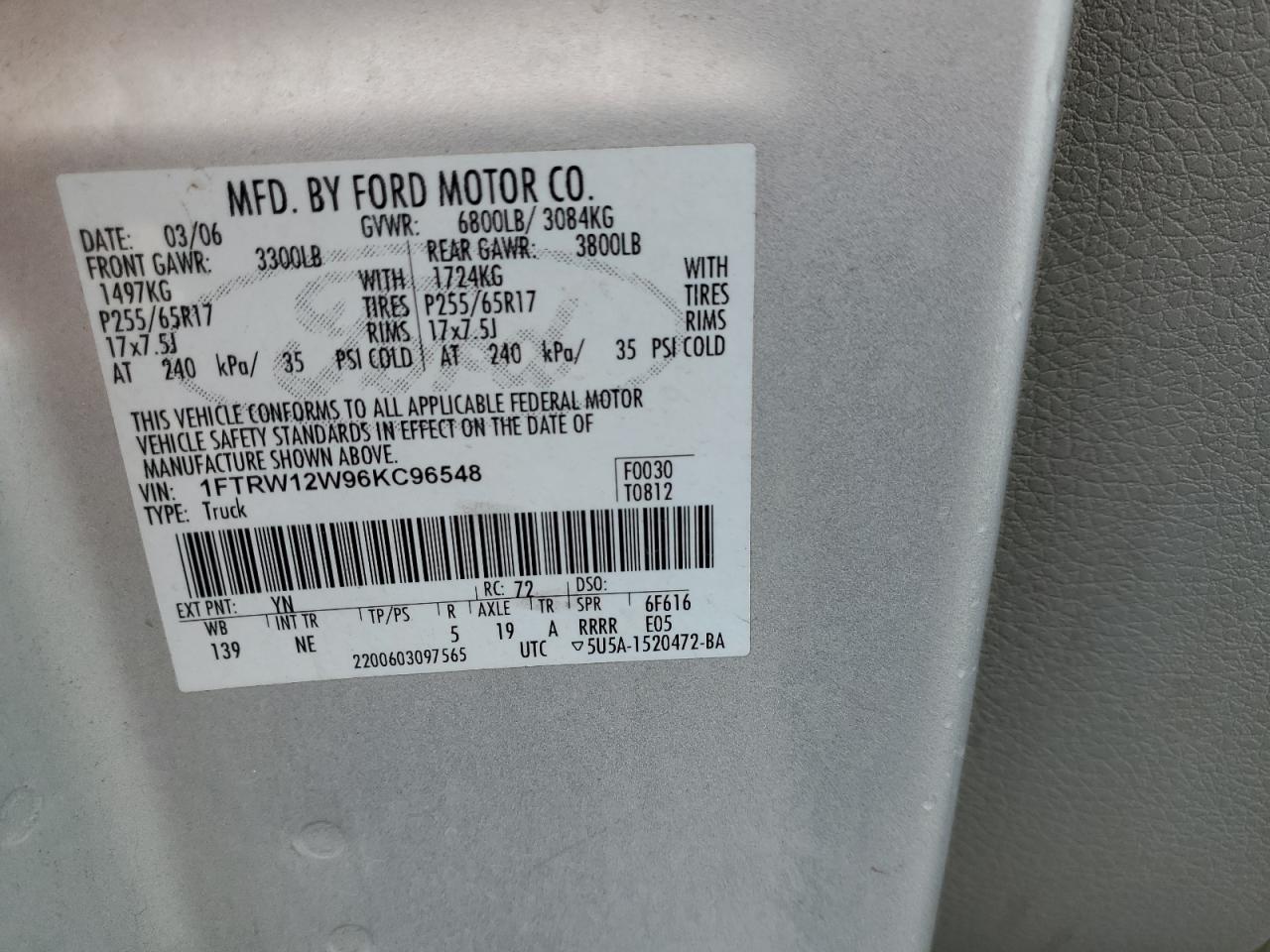 2006 Ford F150 Supercrew VIN: 1FTRW12W96KC96548 Lot: 82007545