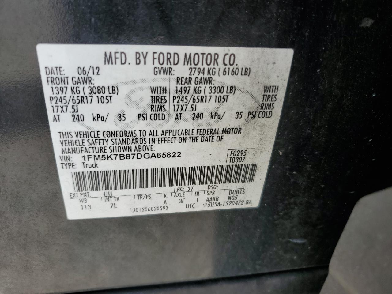 2013 Ford Explorer VIN: 1FM5K7B87DGA65822 Lot: 85500885