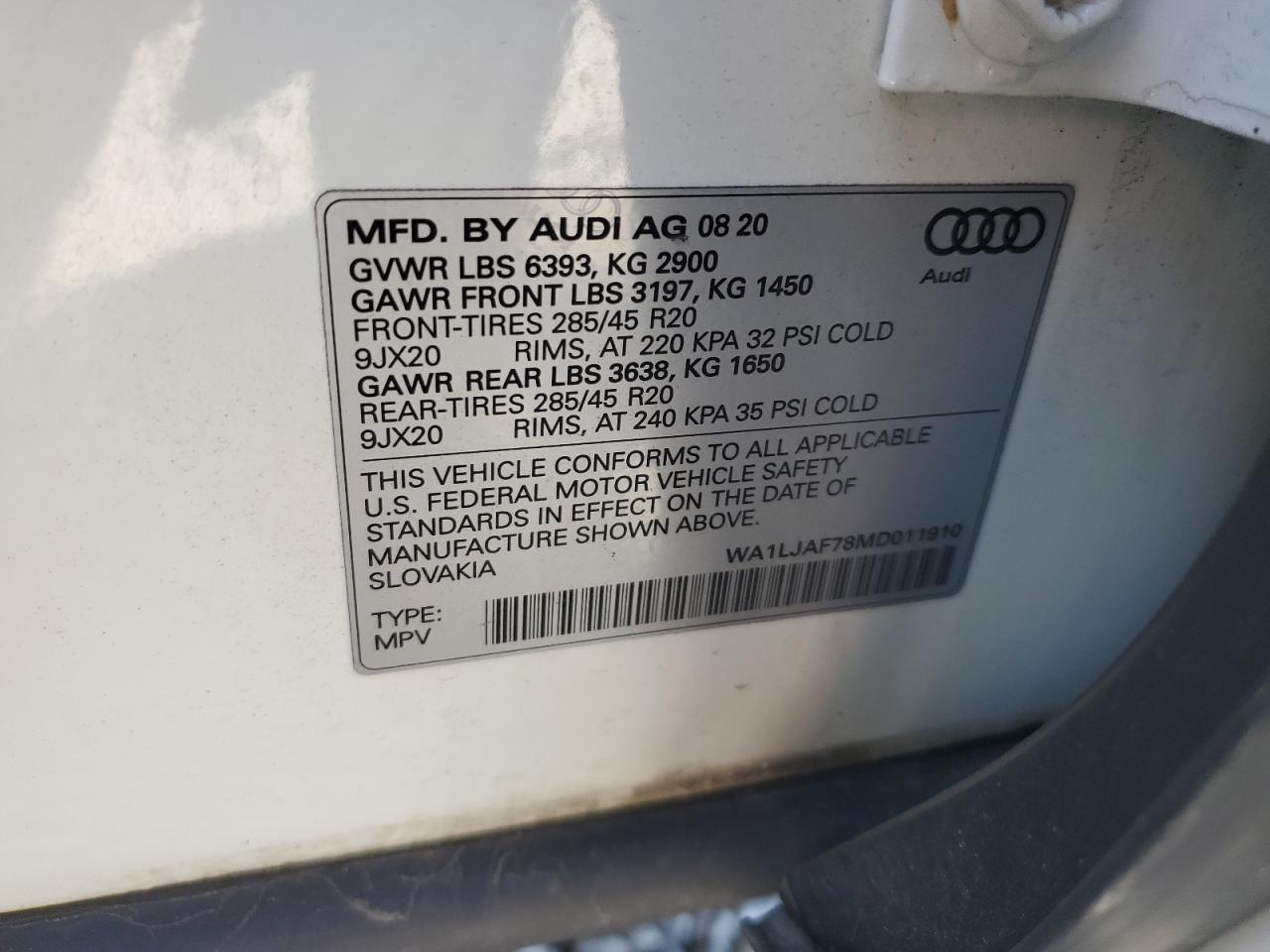 2021 Audi Q7 Premium Plus VIN: WA1LJAF78MD011910 Lot: 81378685