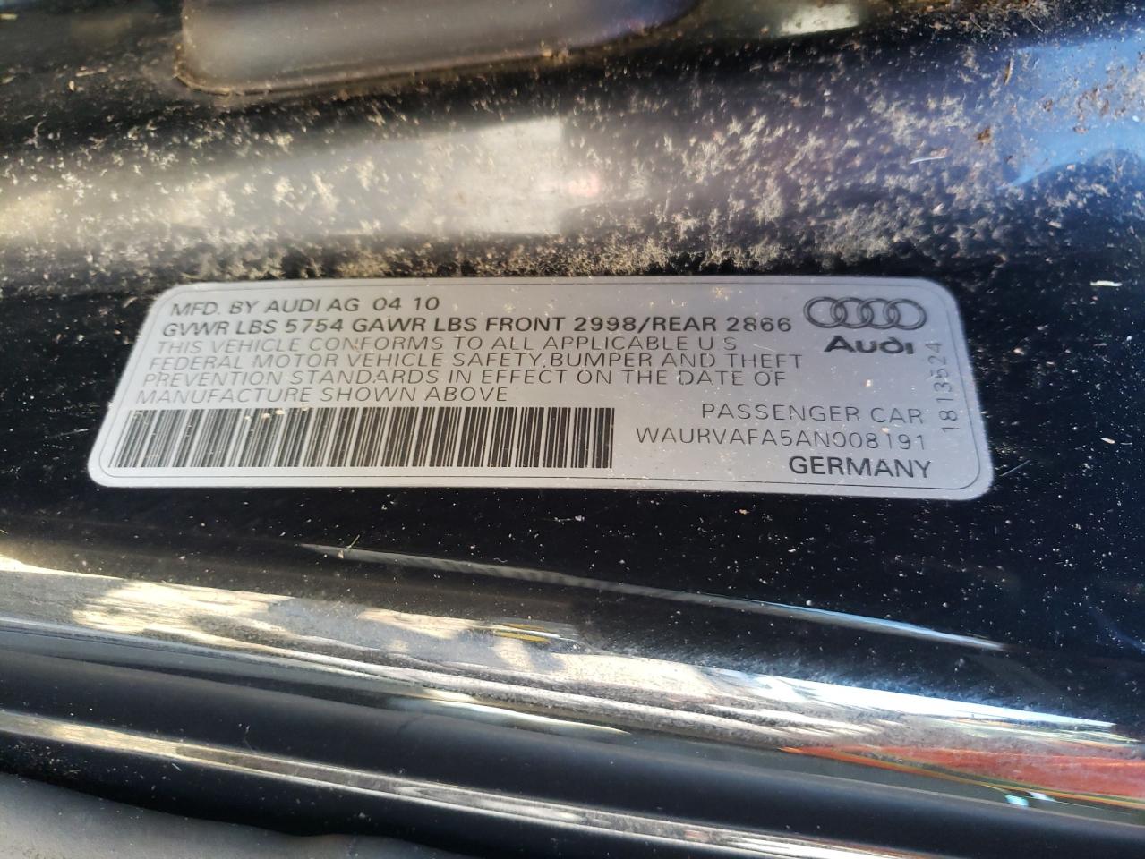 2010 Audi A8 Quattro VIN: WAURVAFA5AN008191 Lot: 86549375