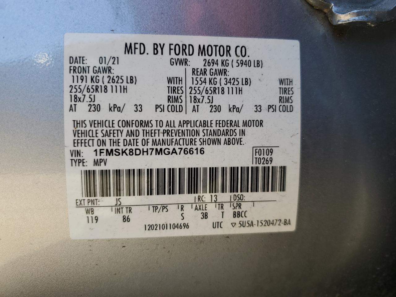 2021 Ford Explorer Xlt VIN: 1FMSK8DH7MGA76616 Lot: 84651295