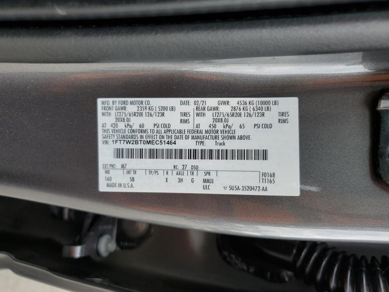 2021 Ford F250 Super Duty VIN: 1FT7W2BT0MEC51464 Lot: 86245885