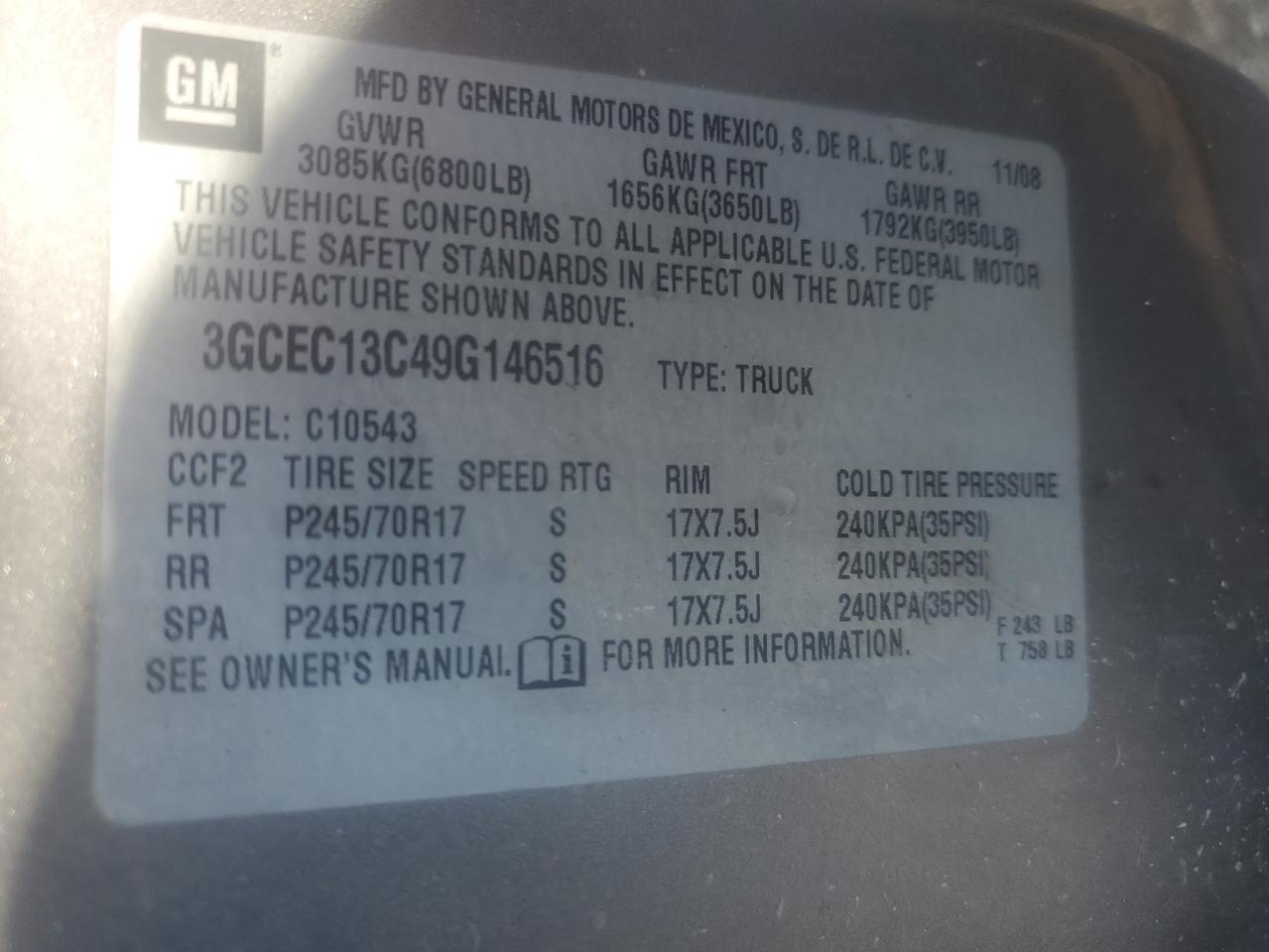 2009 Chevrolet Silverado C1500 VIN: 3GCEC13C49G146516 Lot: 85726595