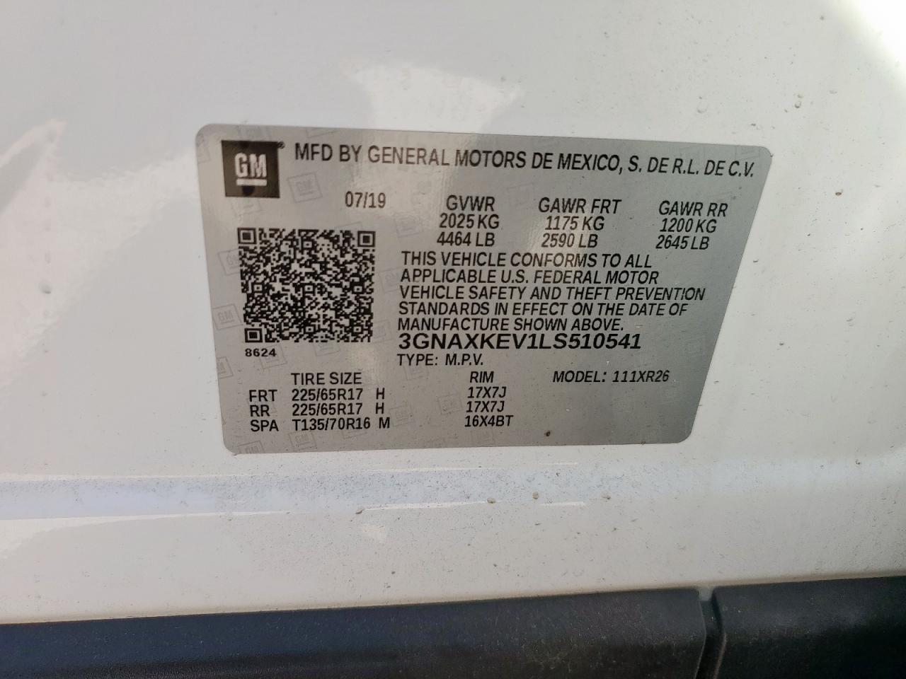 2020 Chevrolet Equinox Lt VIN: 3GNAXKEV1LS510541 Lot: 85556125