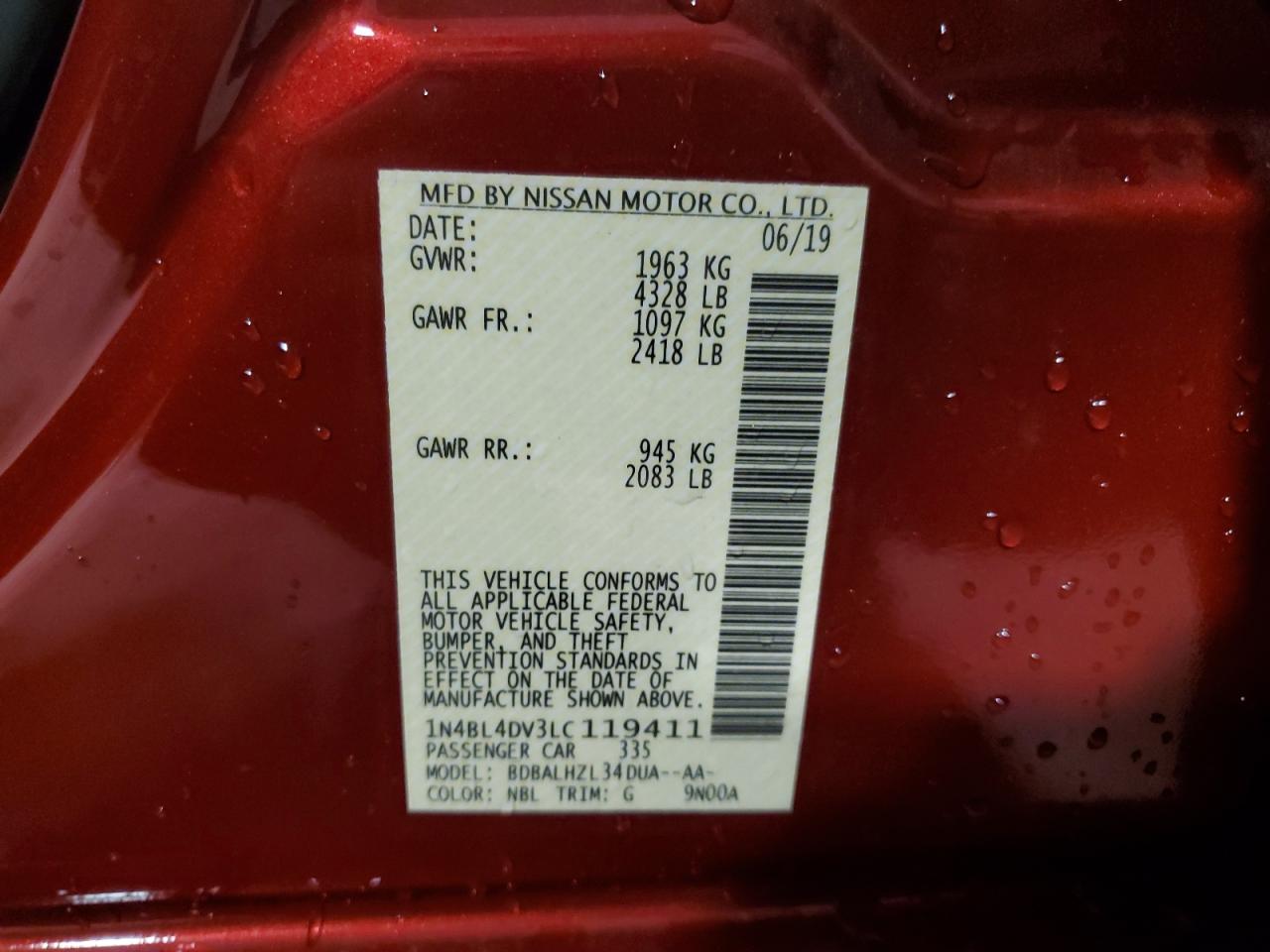 2020 Nissan Altima Sv VIN: 1N4BL4DV3LC119411 Lot: 87227035