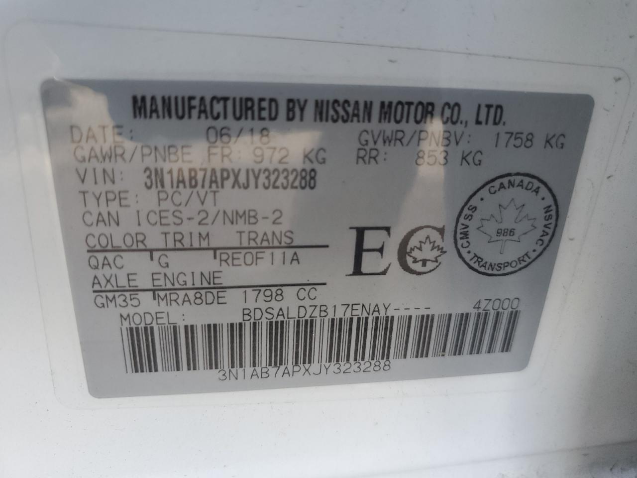 2018 Nissan Sentra S VIN: 3N1AB7APXJY323288 Lot: 85896735