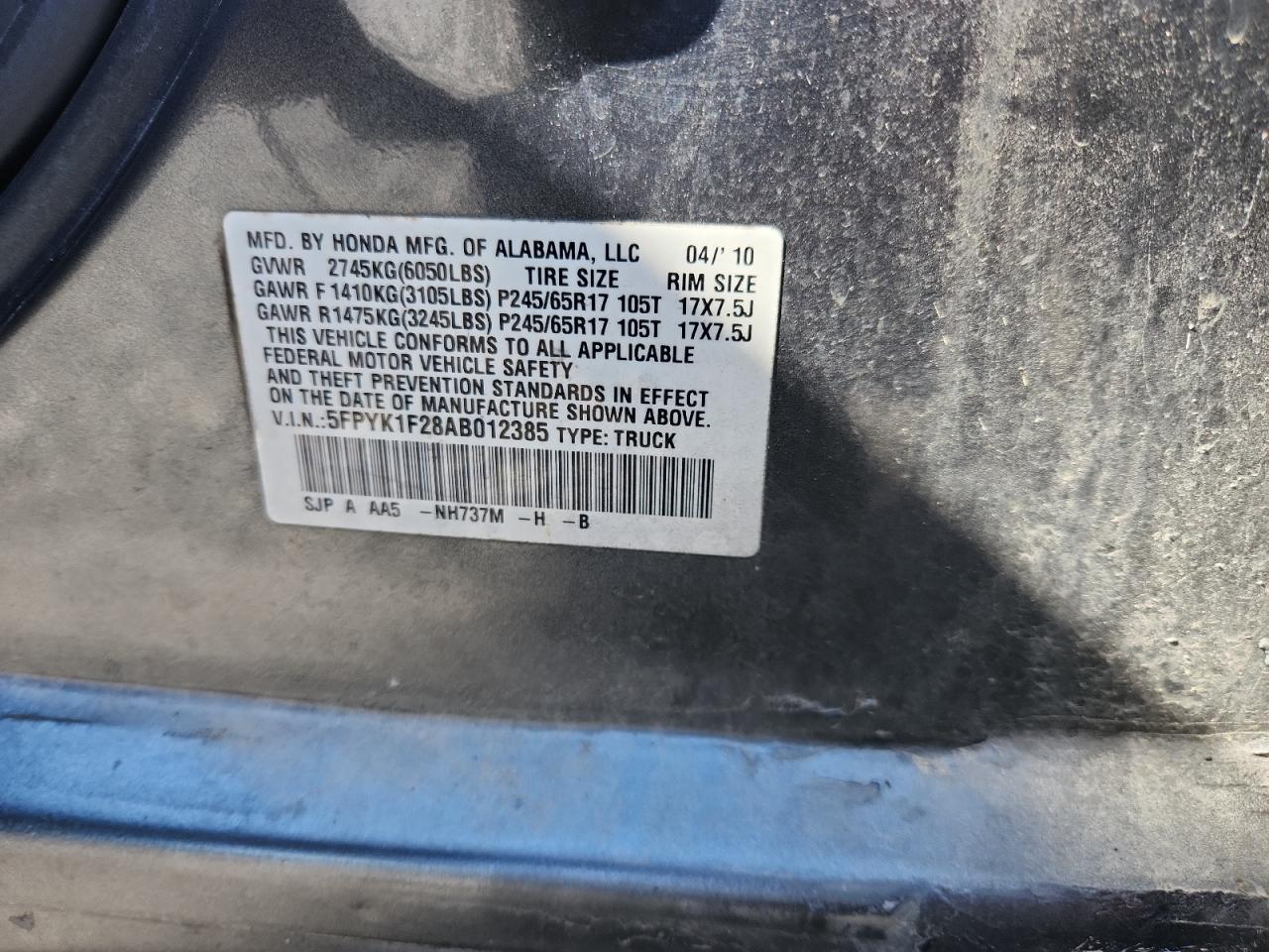 2010 Honda Ridgeline Rt VIN: 5FPYK1F28AB012385 Lot: 82351245