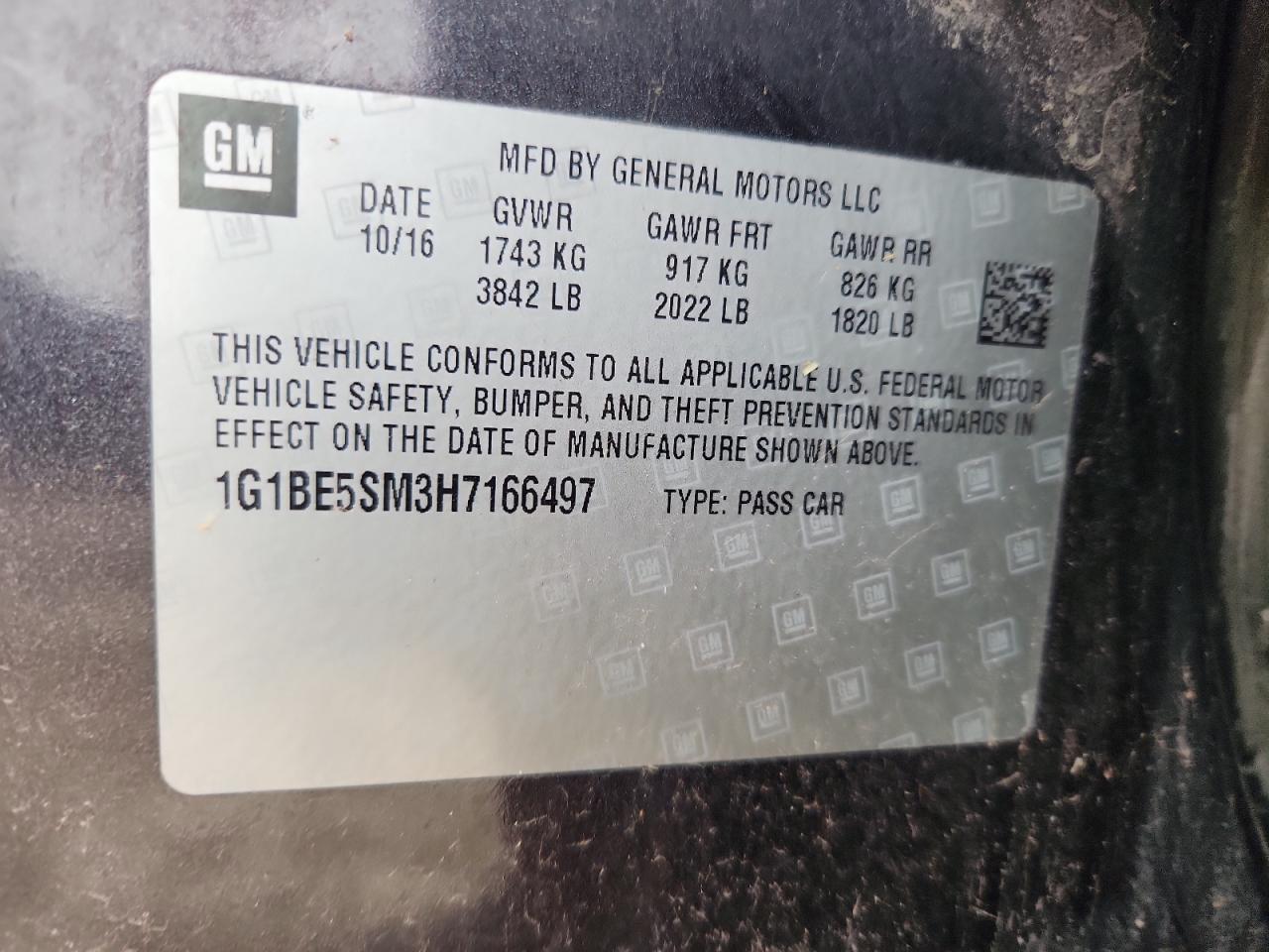2017 Chevrolet Cruze Lt VIN: 1G1BE5SM3H7166497 Lot: 85163985