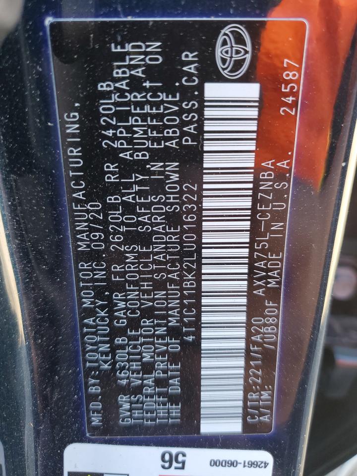 2020 Toyota Camry Le VIN: 4T1C11BK2LU016322 Lot: 86304165