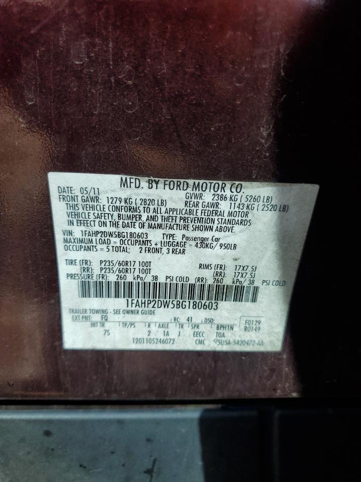 2011 Ford Taurus Se VIN: 1FAHP2DW5BG180603 Lot: 87369855