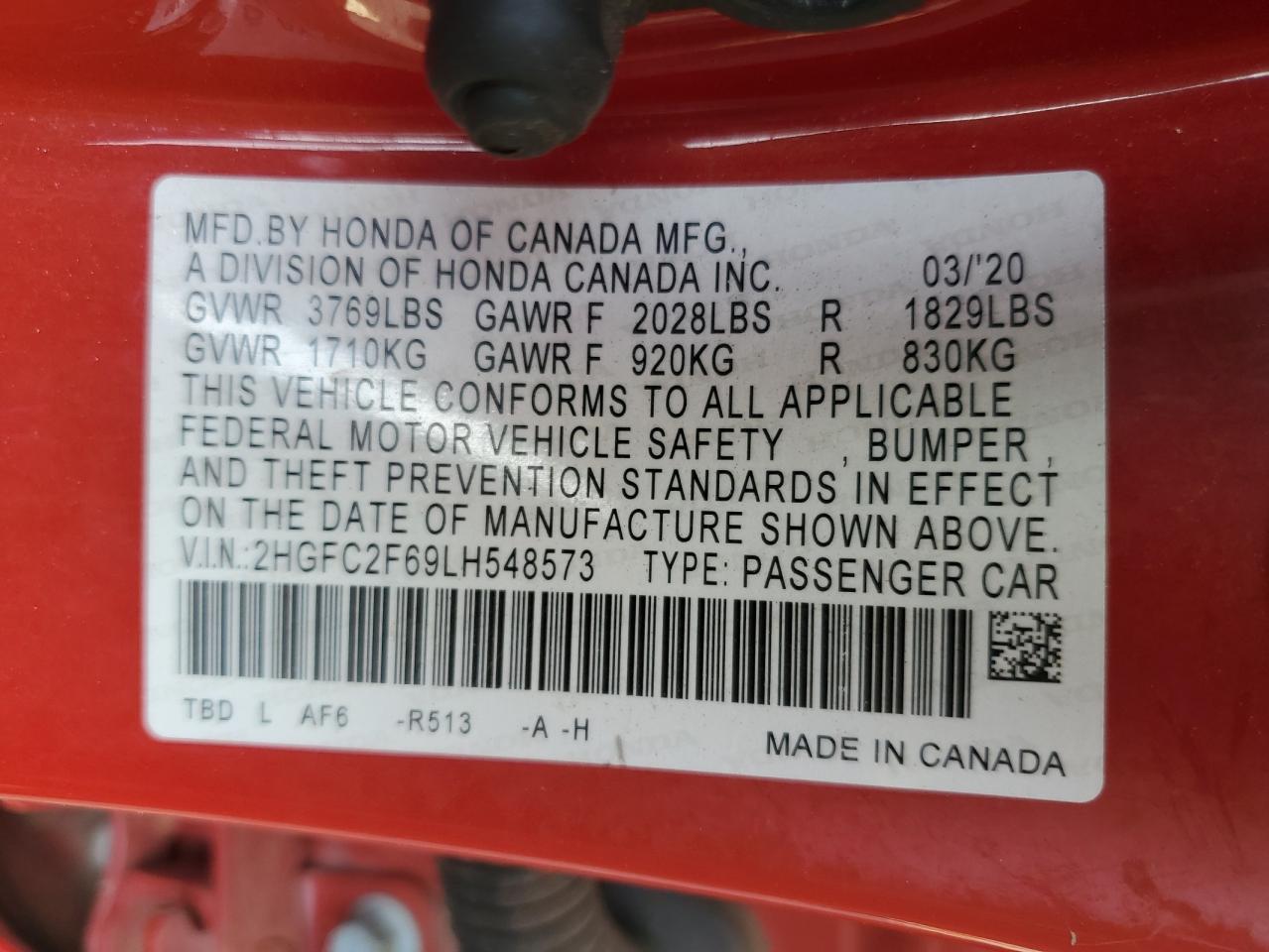 2020 Honda Civic Lx VIN: 2HGFC2F69LH548573 Lot: 85837305