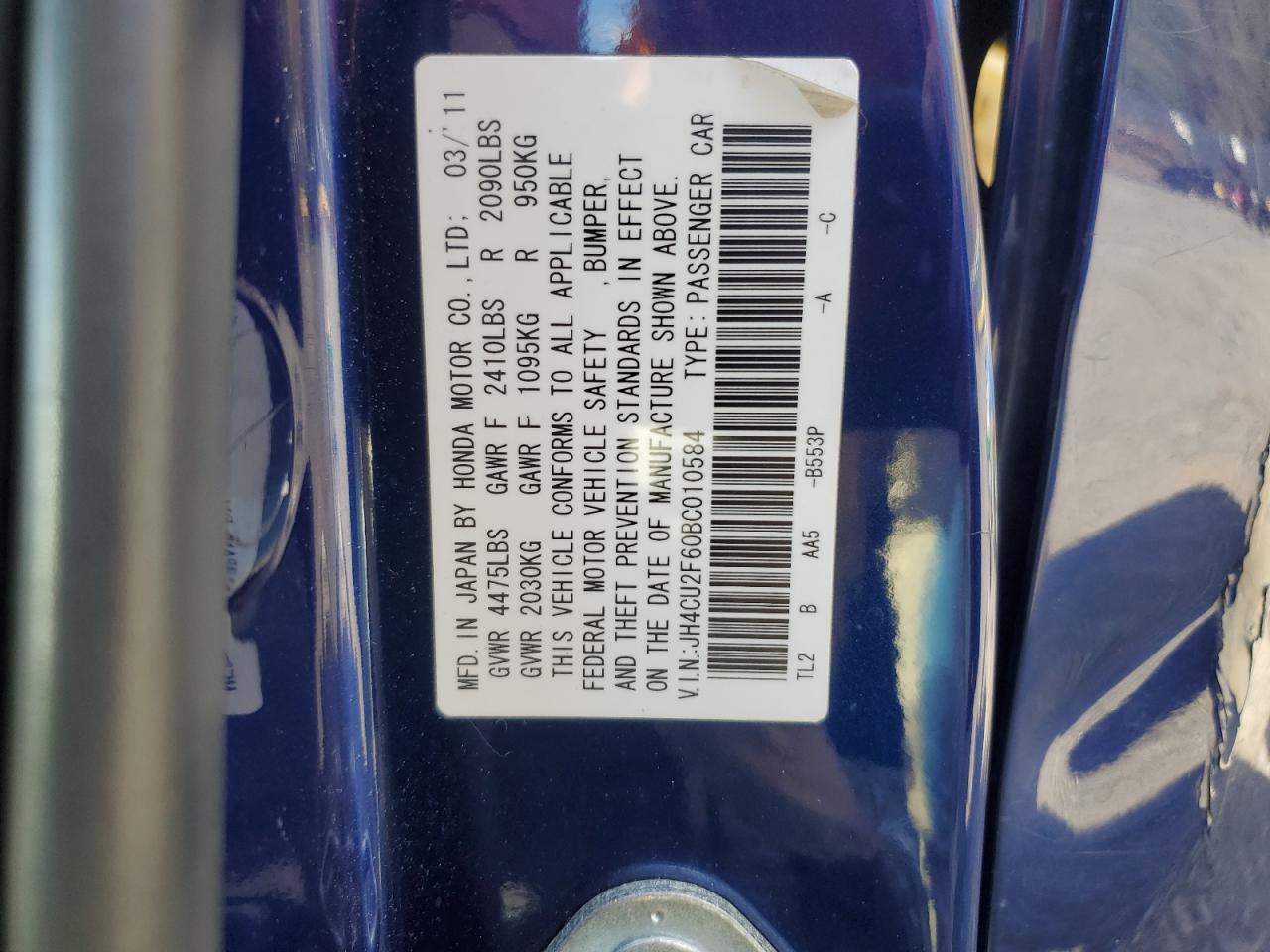 2011 Acura Tsx VIN: JH4CU2F60BC010584 Lot: 89648265