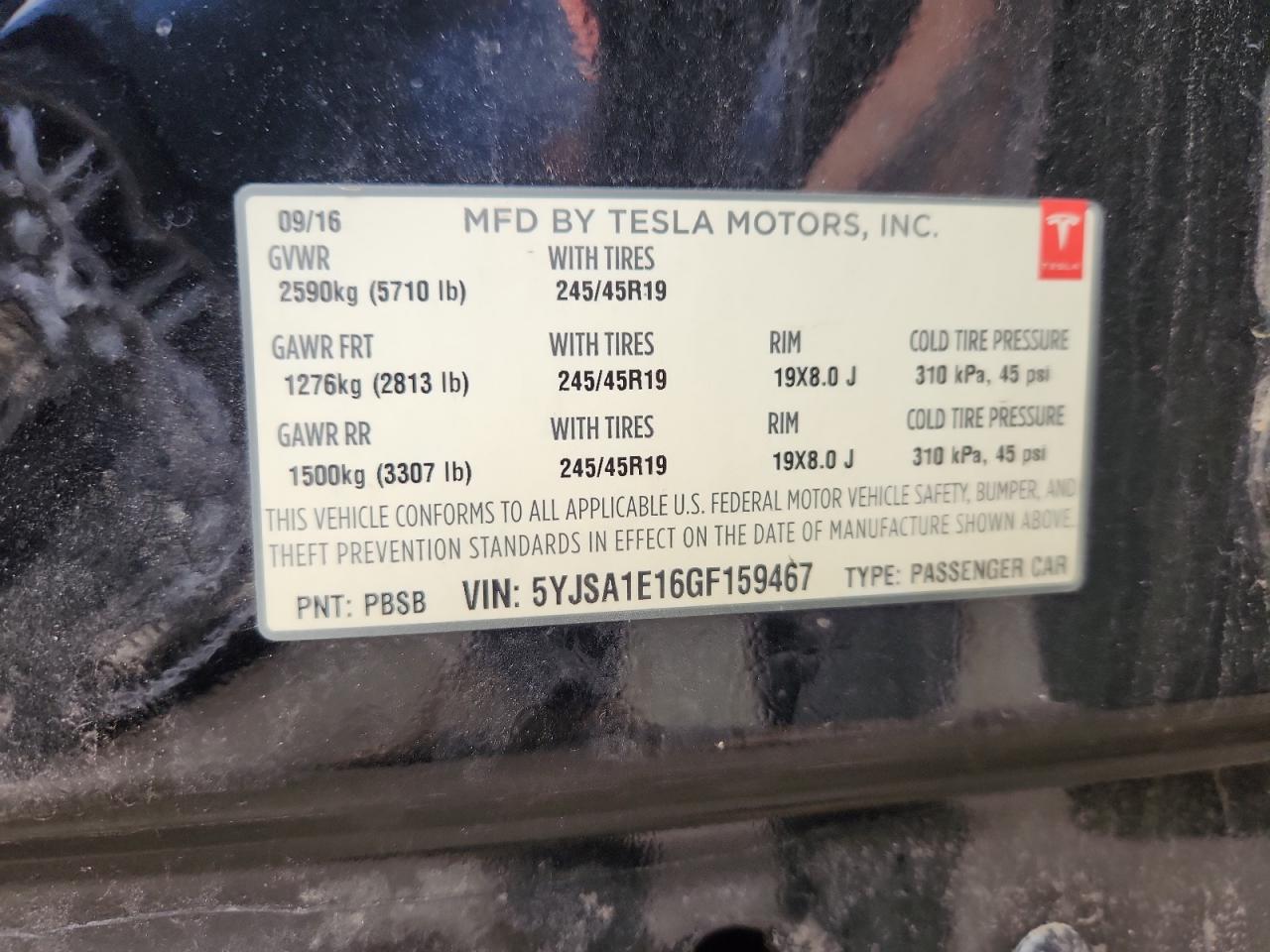 2016 Tesla Model S VIN: 5YJSA1E16GF159467 Lot: 87247005