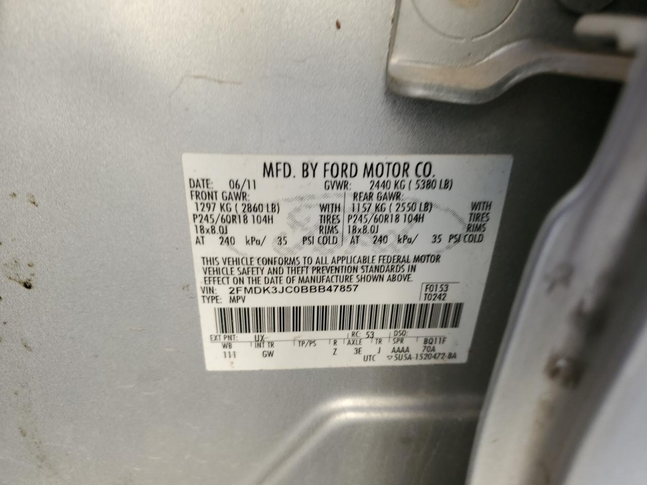 2011 Ford Edge Sel VIN: 2FMDK3JC0BBB47857 Lot: 90352875