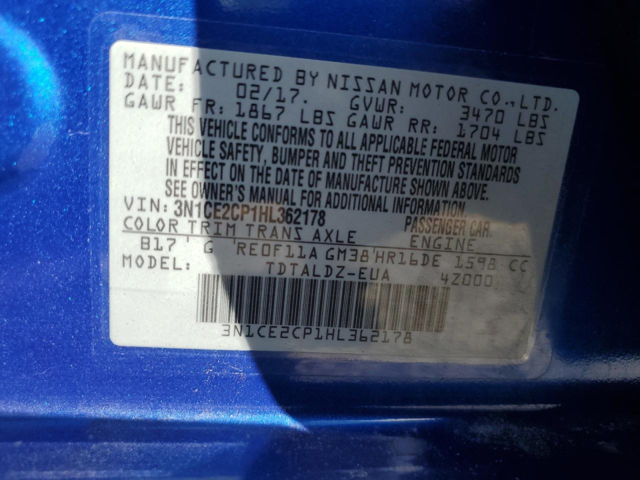 2017 Nissan Versa Note S VIN: 3N1CE2CP1HL362178 Lot: 85868095