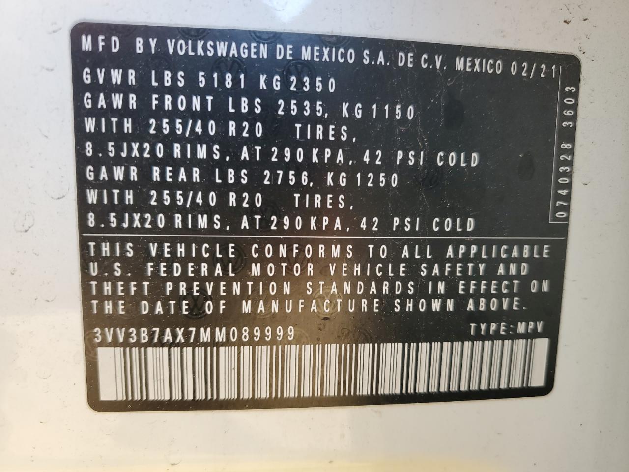 2021 Volkswagen Tiguan Se VIN: 3VV3B7AX7MM089999 Lot: 82666705