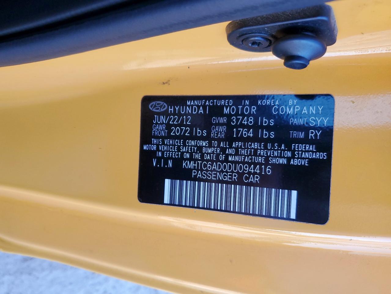 2013 Hyundai Veloster VIN: KMHTC6AD0DU094416 Lot: 90581525