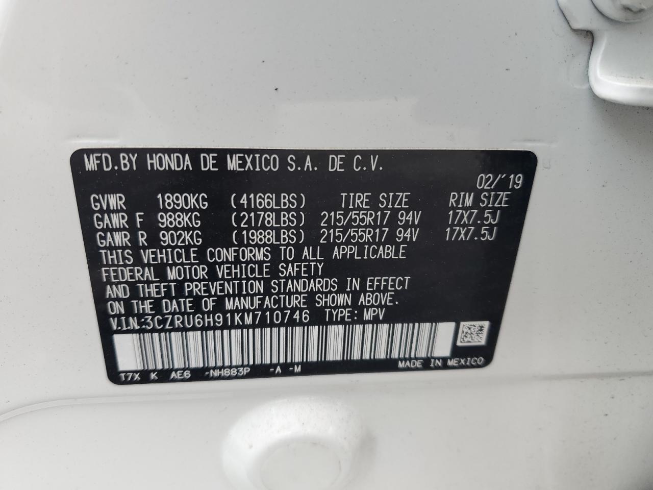 2019 Honda Hr-V Touring VIN: 3CZRU6H91KM710746 Lot: 85836785