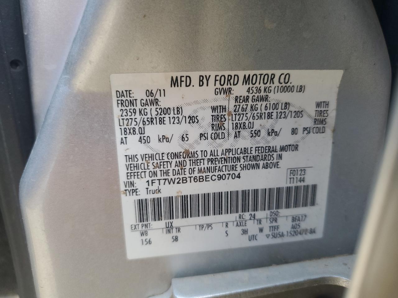 2011 Ford F250 Super Duty VIN: 1FT7W2BT6BEC90704 Lot: 85535765