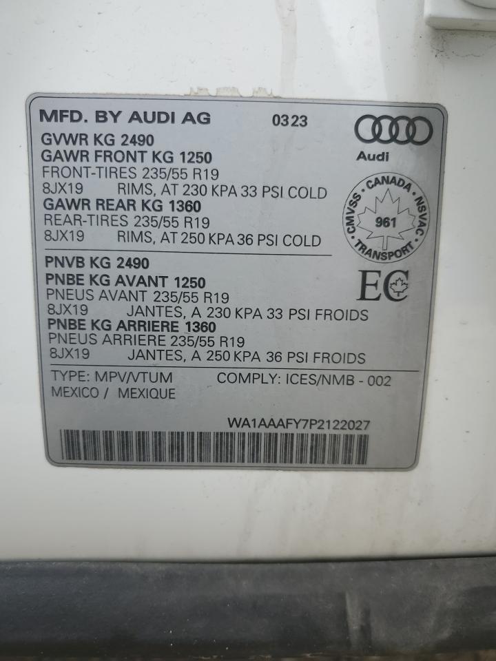2023 Audi Q5 Komfort 45 VIN: WA1AAAFY7P2122027 Lot: 86136795