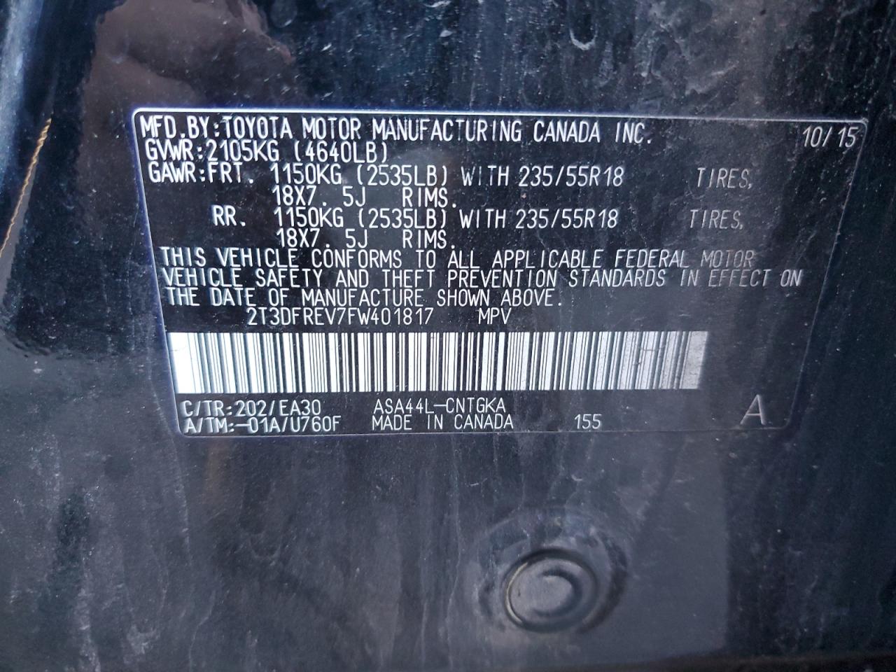 2015 Toyota Rav4 Limited VIN: 2T3DFREV7FW401817 Lot: 85651385