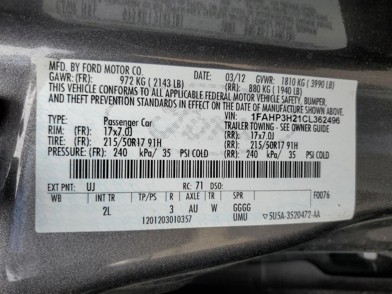 2012 Ford Focus Sel VIN: 1FAHP3H21CL362496 Lot: 85884135