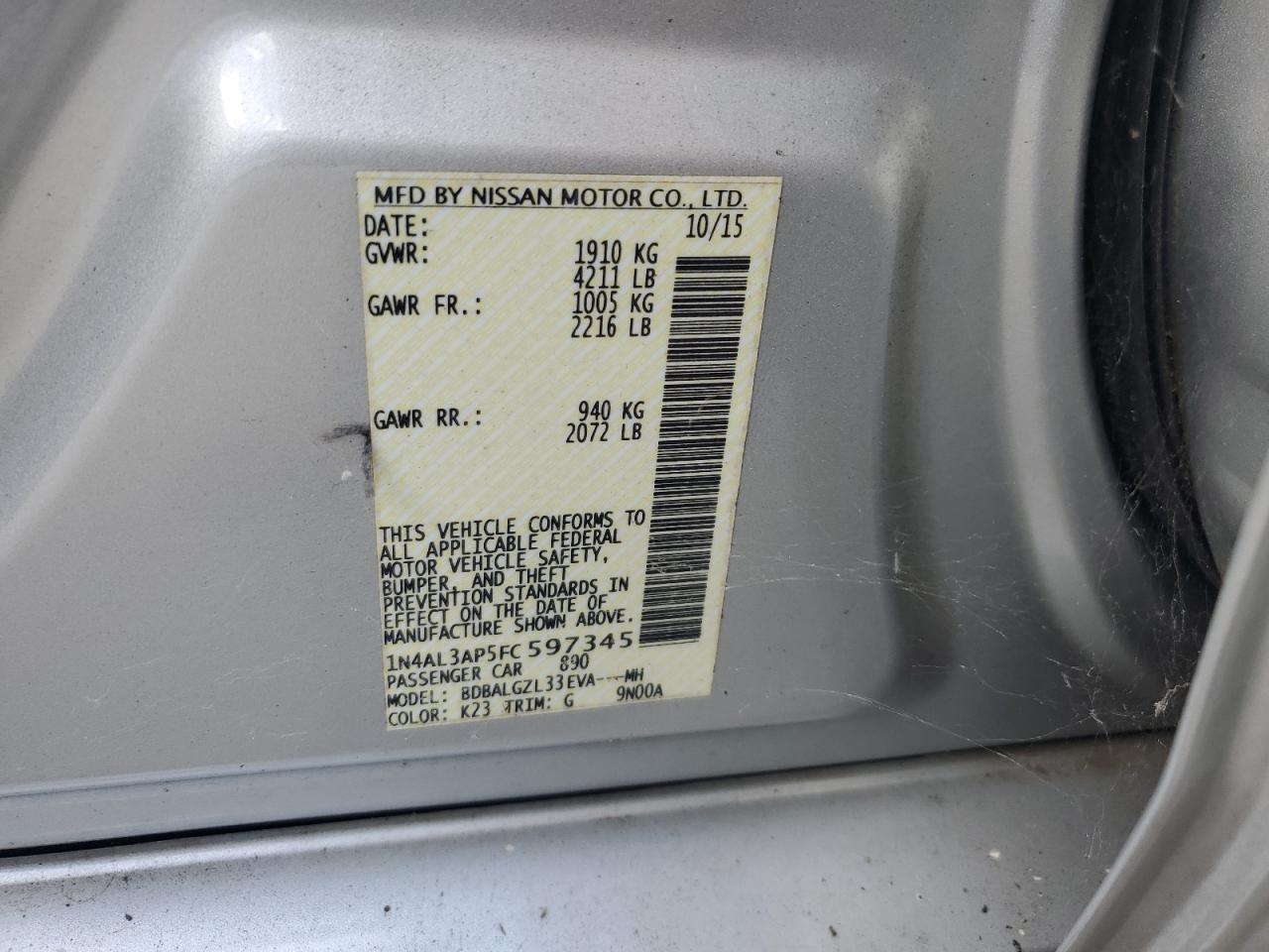 2015 Nissan Altima 2.5 VIN: 1N4AL3AP5FC597345 Lot: 85099035