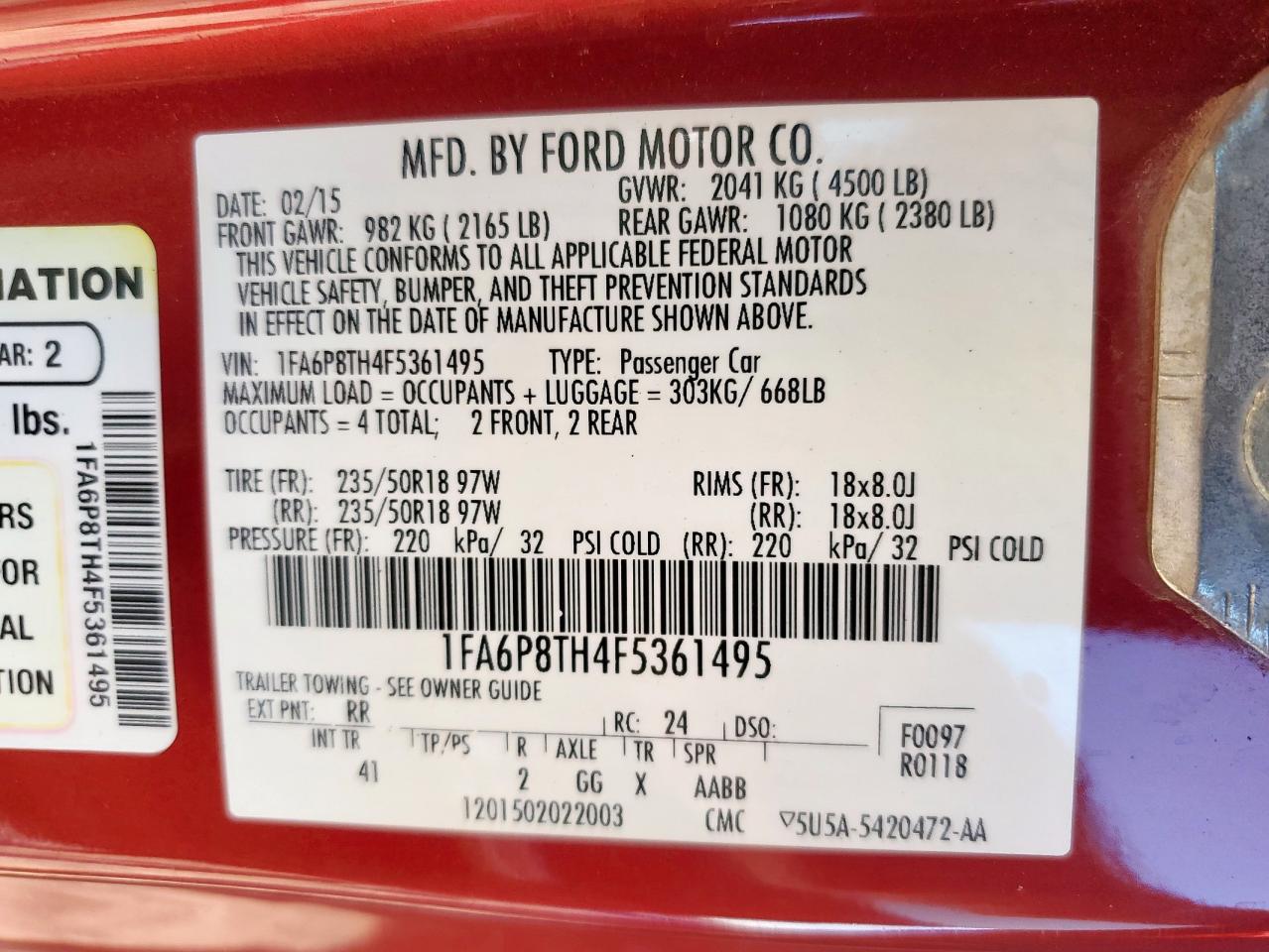 2015 Ford Mustang VIN: 1FA6P8TH4F5361495 Lot: 85780625