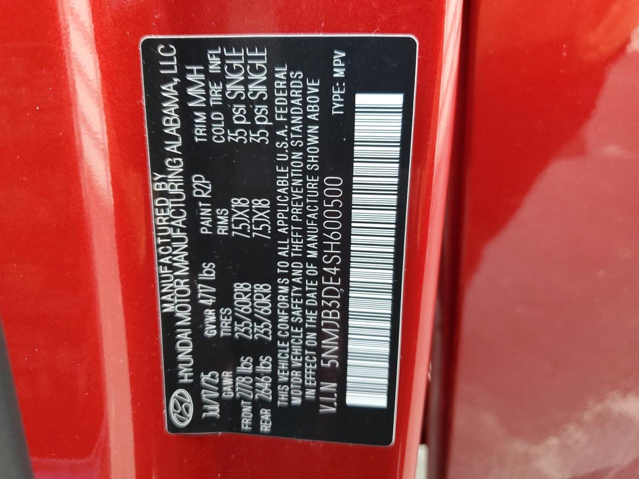 2025 Hyundai Tucson Sel VIN: 5NMJB3DE4SH600500 Lot: 85196755