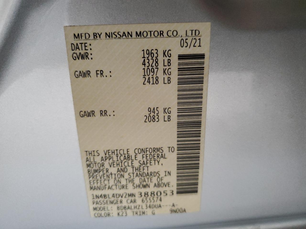 2021 Nissan Altima Sv VIN: 1N4BL4DV2MN388053 Lot: 85749945