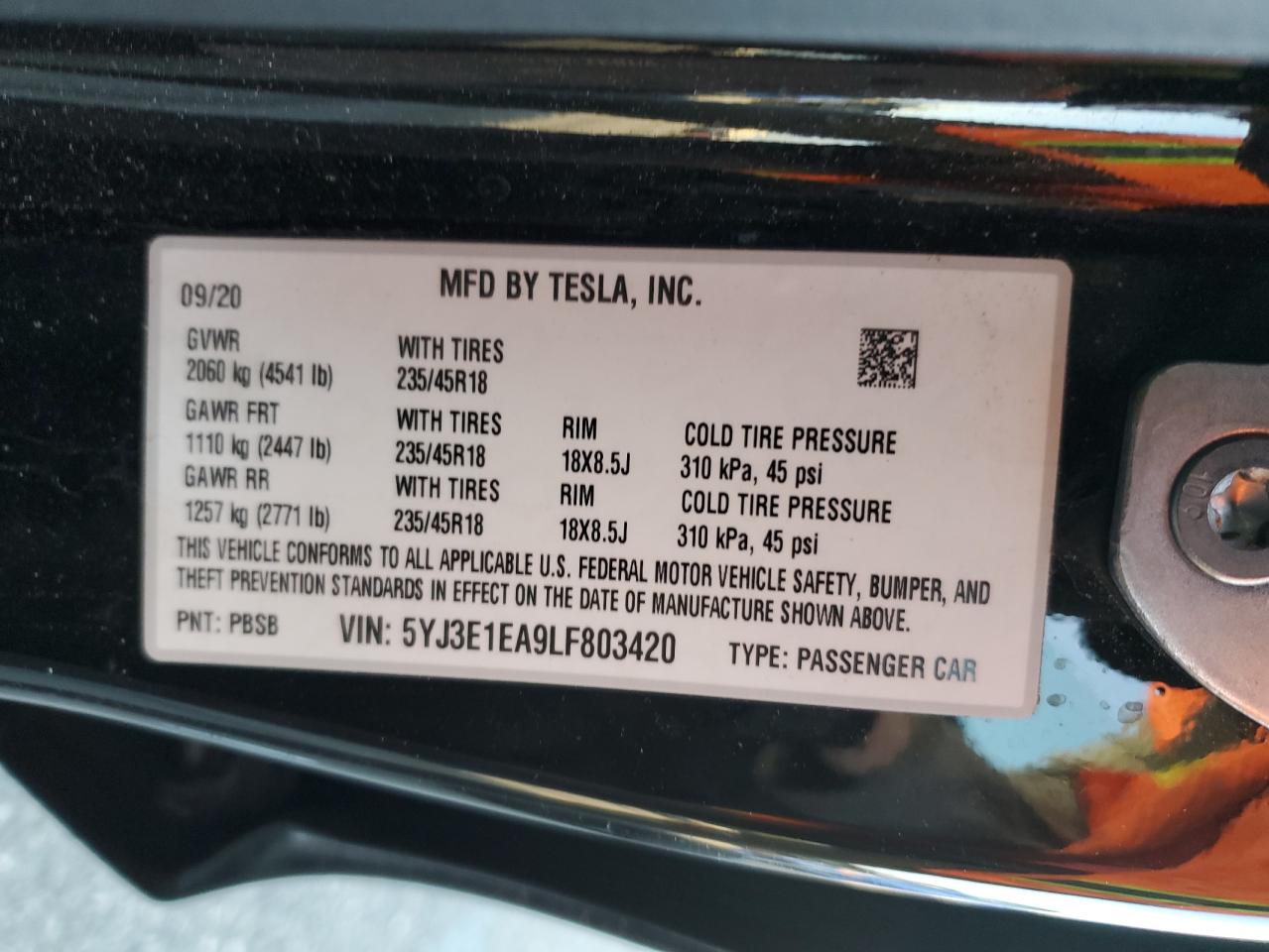 2020 Tesla Model 3 VIN: 5YJ3E1EA9LF803420 Lot: 82601415