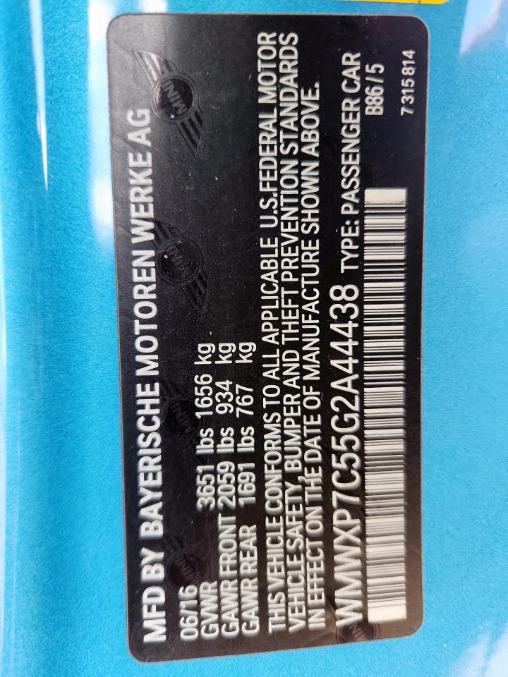 2016 Mini Cooper S VIN: WMWXP7C55G2A44438 Lot: 90052835