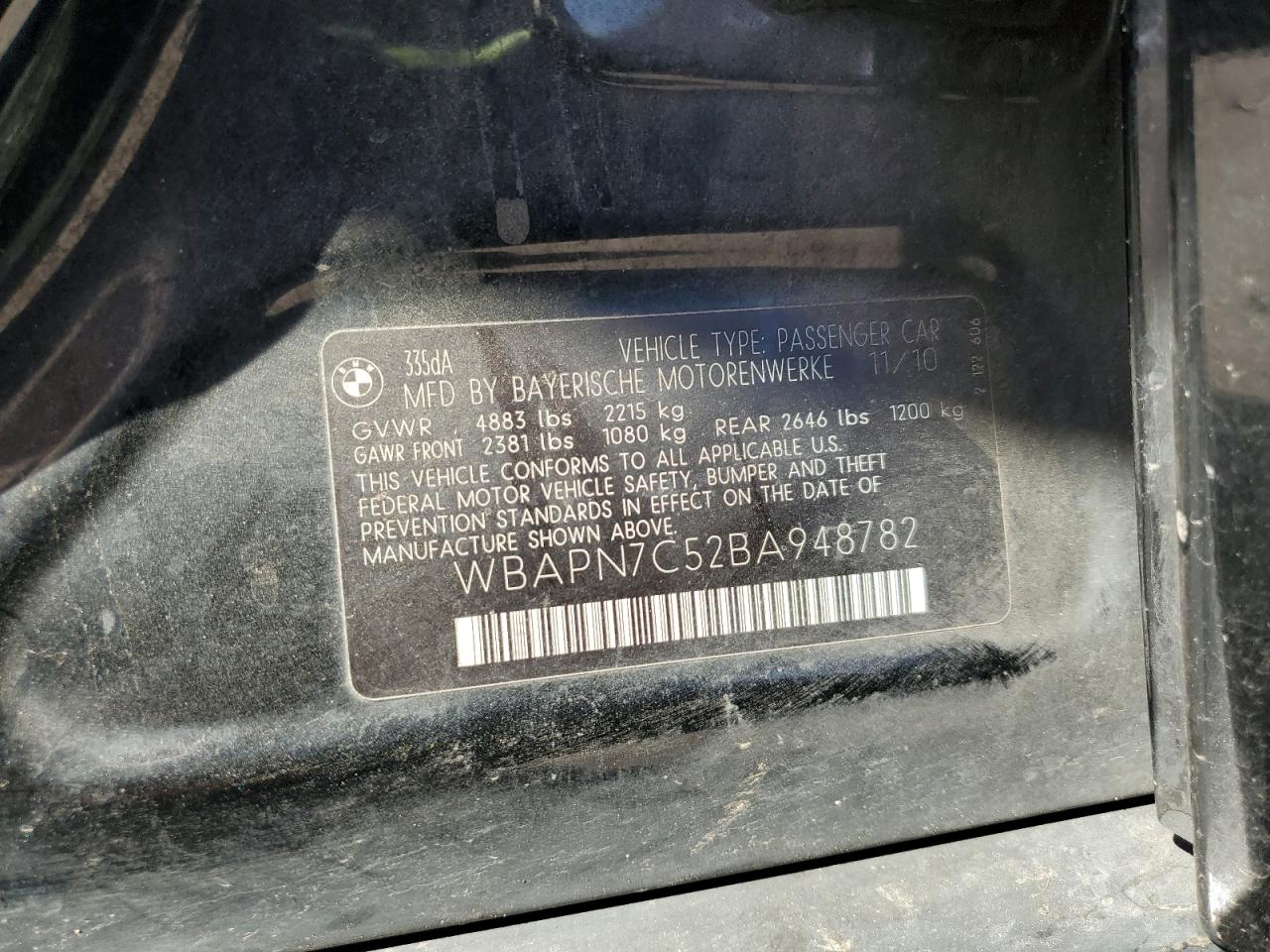 2011 BMW 335 D VIN: WBAPN7C52BA948782 Lot: 82252485