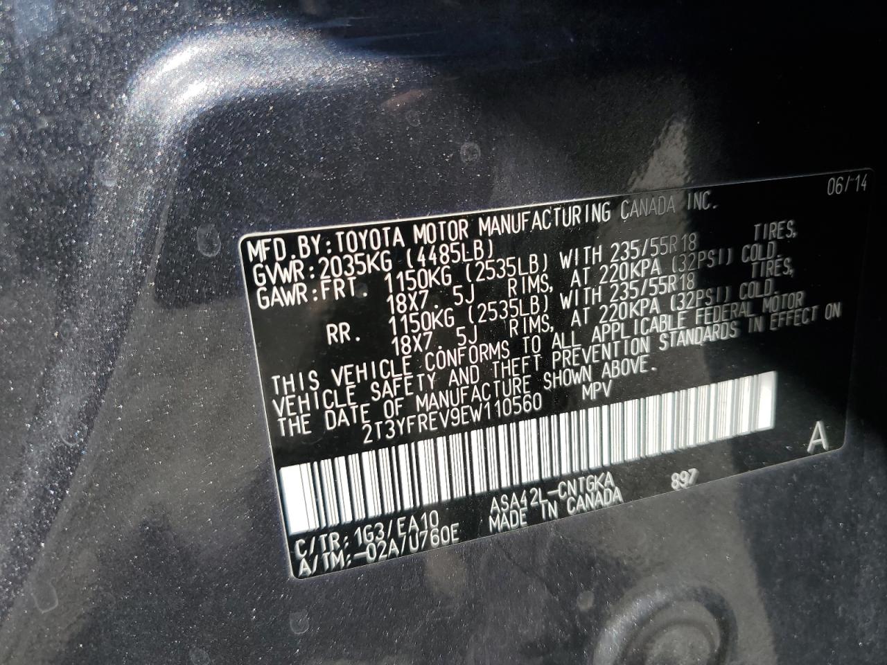 2014 Toyota Rav4 Limited VIN: 2T3YFREV9EW110560 Lot: 82411255