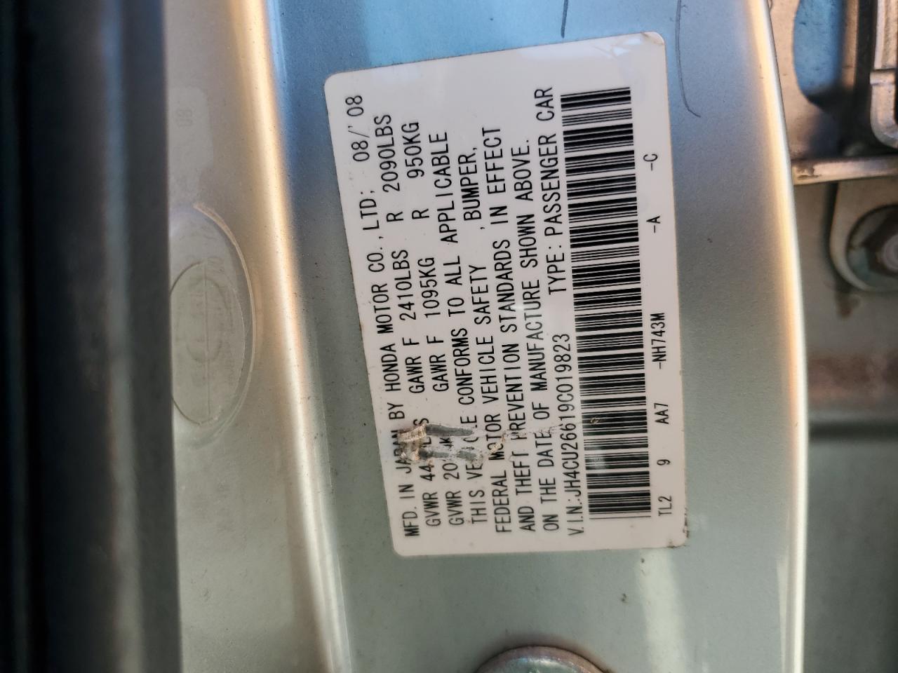 2009 Acura Tsx VIN: JH4CU26619C019823 Lot: 86314595