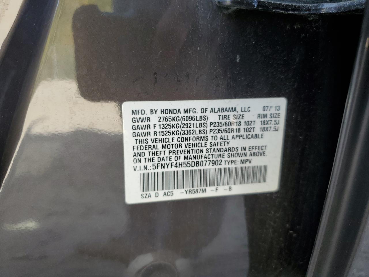 2013 Honda Pilot Exl VIN: 5FNYF4H55DB077902 Lot: 84380415