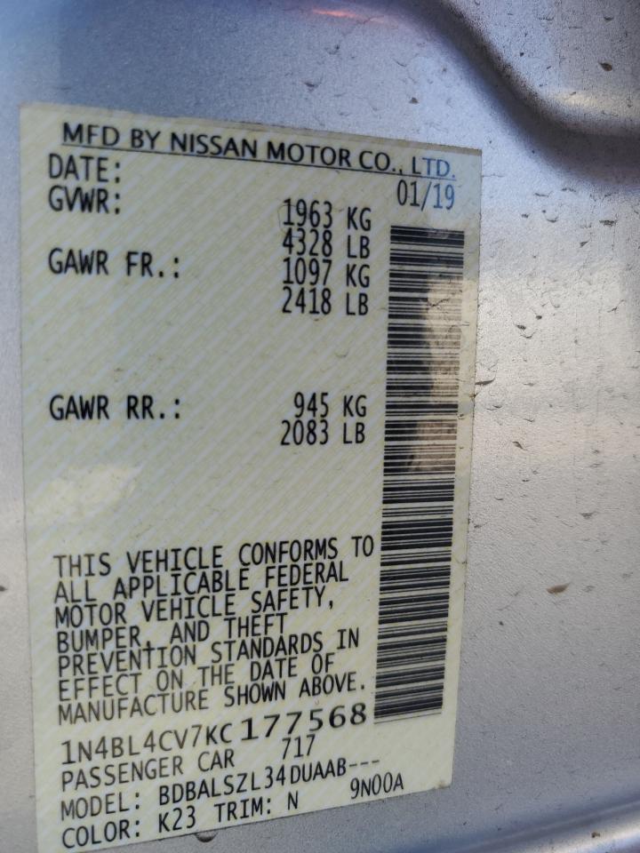 2019 Nissan Altima Sr VIN: 1N4BL4CV7KC177568 Lot: 84068255