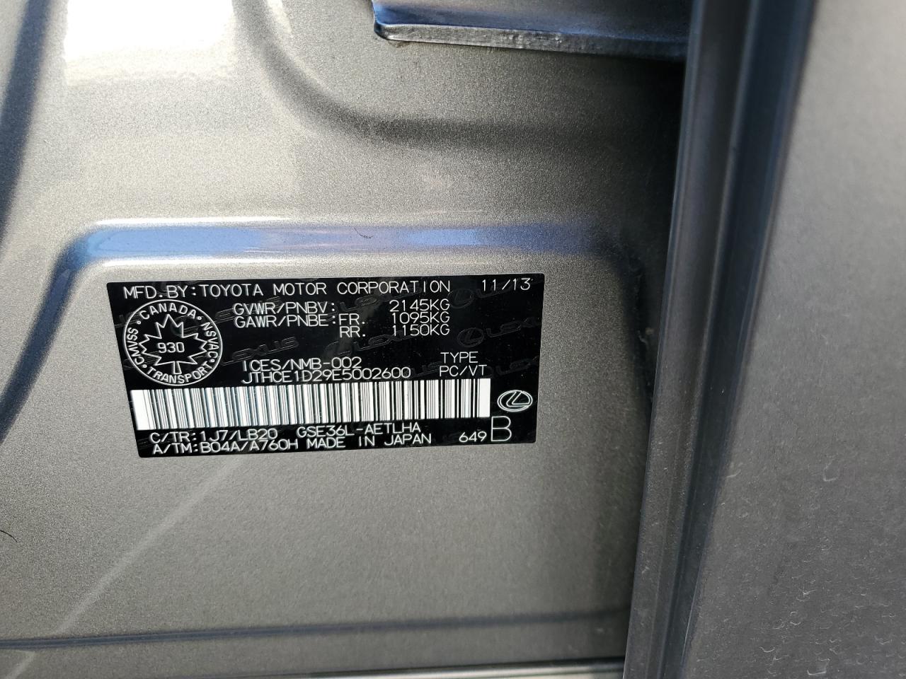 2014 Lexus Is 350 VIN: JTHCE1D29E5002600 Lot: 90111495