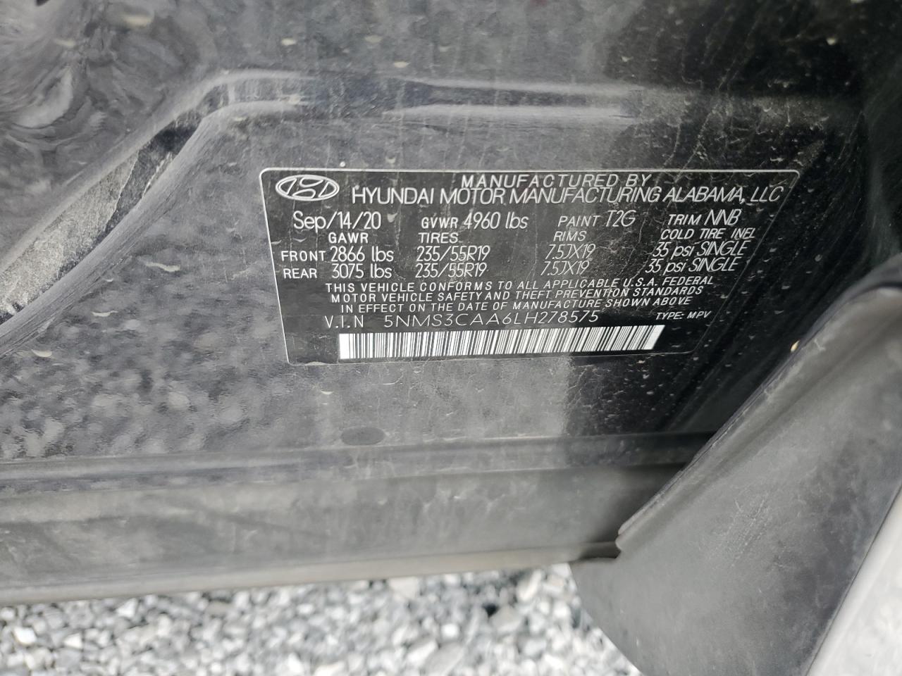 2020 Hyundai Santa Fe Sel VIN: 5NMS3CAA6LH278575 Lot: 86531265