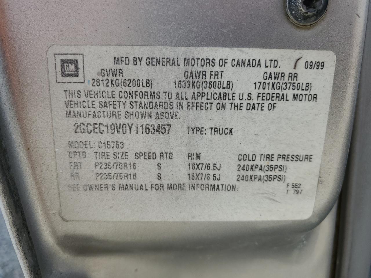 2000 Chevrolet Silverado C1500 VIN: 2GCEC19V0Y1163457 Lot: 82419485